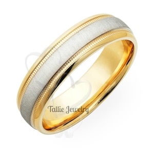 Two Tone Gold Wedding Rings , Brushed Finish Milgrain Mens Wedding Bands, 6mm 10K 14K 18K Solid White and Yellow Gold Mens Wedding Rings