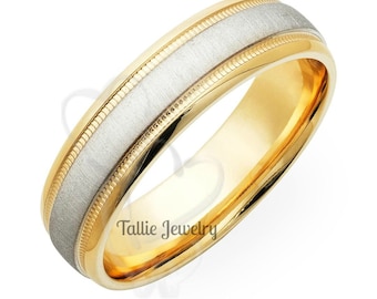 Two Tone Gold Wedding Rings , Brushed Finish Milgrain Mens Wedding Bands, 6mm 10K 14K 18K Solid White and Yellow Gold Mens Wedding Rings