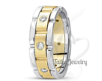 Two Tone Gold Wedding Bands, 8mm 10K 14K 18K Solid White and Yellow Gold Diamond Mens Wedding Rings , Diamond Mens Wedding Bands