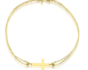 14K Solid Yellow Gold Small Cross Bracelet, Minimalist Cross Bracelet, Dainty Cross Bracelet, Gold Bracelet