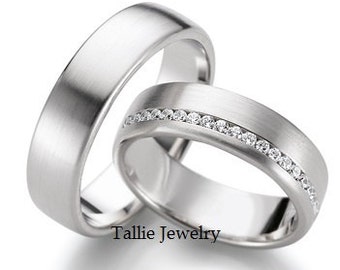 Matching Wedding Bands ,His and Hers Wedding Rings Set,  10K 14K 18K Solid White Gold Diamond Wedding Bands