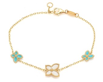 14K Solid Yellow Gold Turquoise Butterfly Bracelet, Mother Of Pearl Butterfly Bracelet, Blue Enamel Butterfly Bracelet, Gold Bracelet