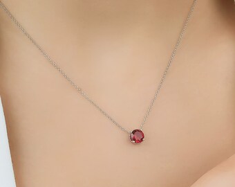 Ruby Solitaire Necklace,14K White Gold Ruby Necklace, 6mm Prong Setting Round Ruby Necklace, July Birthstone, Dainty Ruby Necklace ,Gemstone