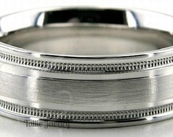 Mens Platinum Wedding Band,  Platinum Mens Wedding Ring , 7mm Satin Finish Milgrain Platinum Wedding Bands, Platinum Rings