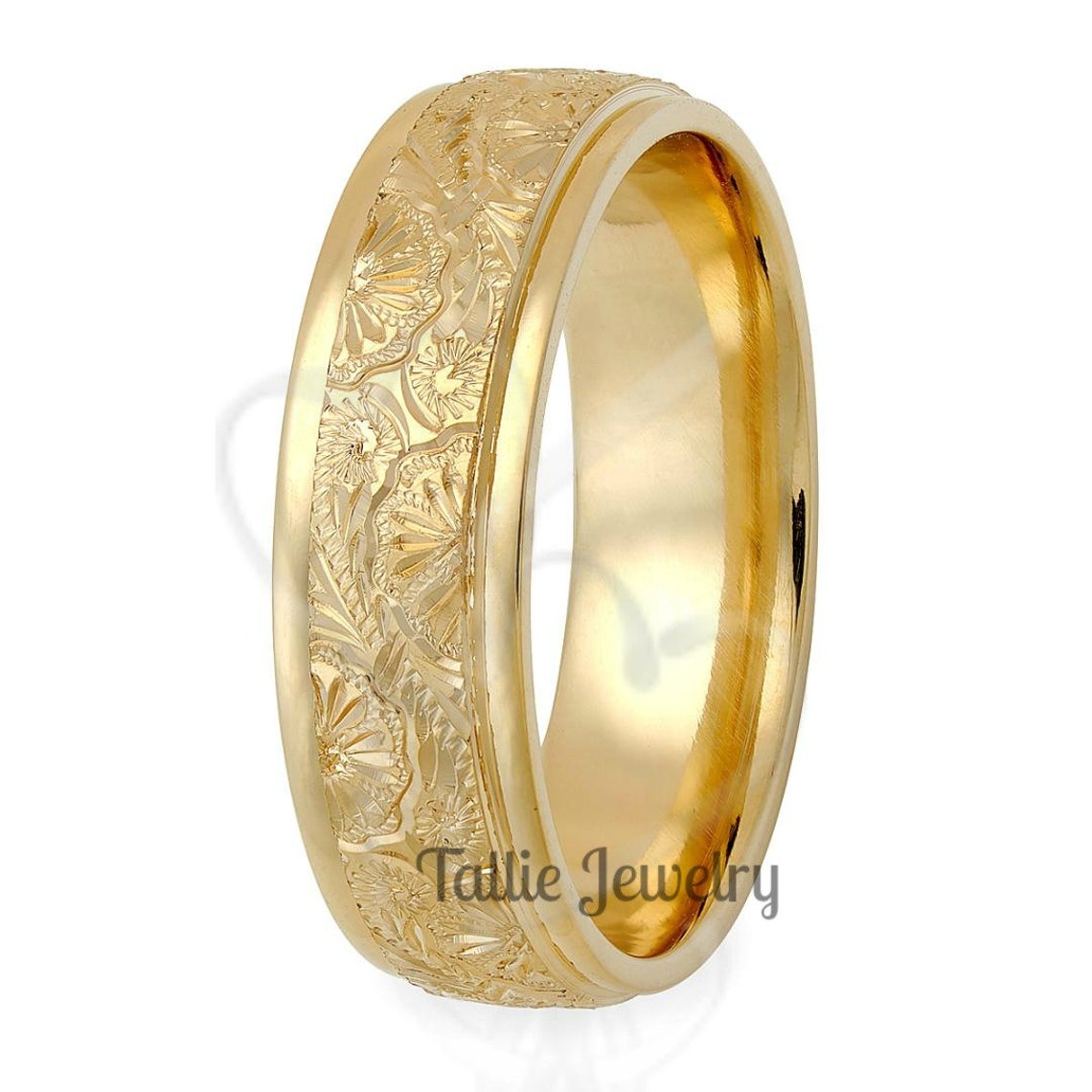 6mm 10K 14K 18K Solid Yellow Gold Hand Engraved Mens Wedding - Etsy