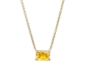 14K Solid Yellow Gold Emerald Cut Citrine Solitaire Necklace, Solitaire Citrine Necklace, November Birthstone , Gemstone Necklace