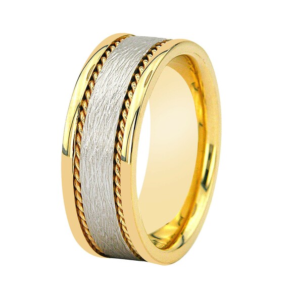 8mm 10K 14K 18K White and Yellow Gold Mens Wedding Ring, Two Tone