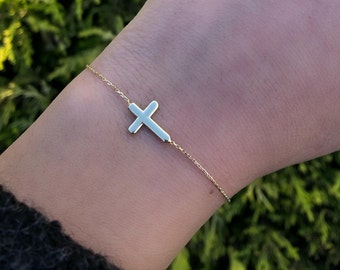 Cross Bracelet, 14K Solid Yellow Gold Cross Bracelet, Sideways Cross Bracelet, Dainty Cross Bracelet, Minimalist Cross Necklace