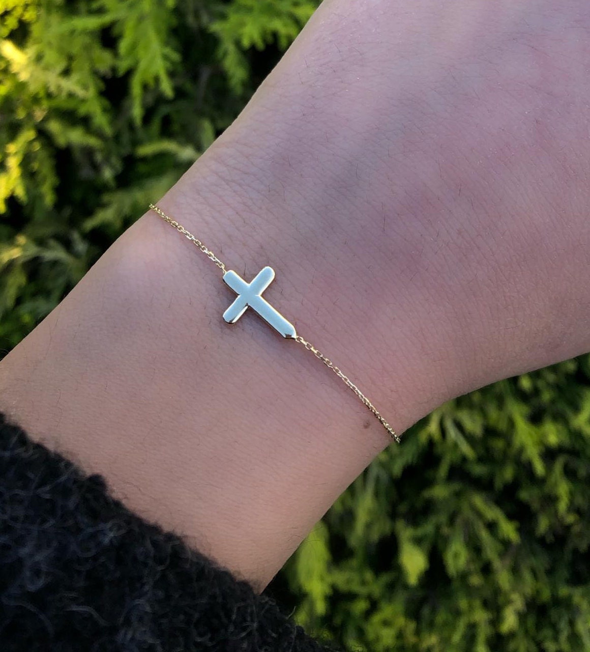 Sideways Cross Bracelet in 14K Yellow Gold with Diamond Solitaire #3148