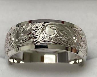 Hand Engraved Wedding Bands, Hand Engraved Wedding Rings , 8mm 10K 14K 18K Solid White Gold Wedding Bands, White Gold Mens Wedding Ring