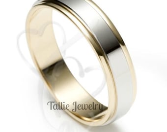 Two Tone Wedding Bands, 5mm 10K 14K 18K Solid White and Yellow Gold Satin Finish Mens and Womens Wedding Rings, Two Tone Gold Wedding Bands