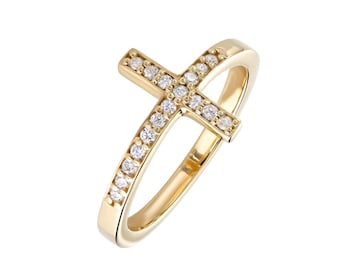 14K Solid Yellow Gold Cross Ring, Diamond Cross Ring, Minimalist Cross Diamond Ring, Womens Ring