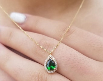 14K Solid Yellow Gold Pear Shape Emerald Necklace,  Diamond CZ Emerald Necklace, May Birthstone, Green Emerald