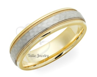 Two Tone Wedding Bands, 5mm 10K 14K 18K Solid White and Yellow Gold Hammered Finish Mens Womens Wedding Rings, Two Tone Gold Wedding Bands