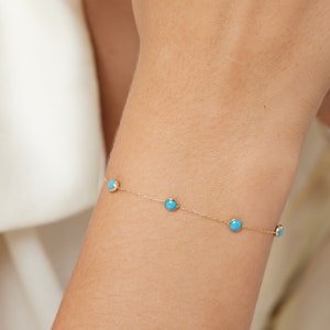 14K Solid Yellow Gold Turquoise Bracelet, Turquoise Station Bracelet, Beaded Turquoise Bracelet, Gold Bracelet, Gifts for Her