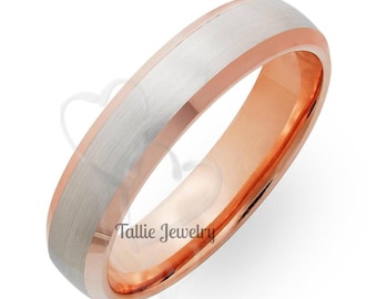 Platinum Mens Wedding Ring, Platinum Mens Wedding Band, 5mm Satin Finish Beveled Edge Two Tone Rings, 14K Rose Gold & Platinum Wedding Rings