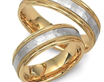 6mm 10K 14K 18K Solid White and Yellow Gold Wedding Bands, His and Hers Wedding Rings, Two Tone Gold Wedding Bands Milgrain ,Hammered Finish