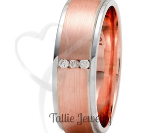 6mm 14K Solid White and Rose Gold Diamond Mens Wedding Bands, Mens Diamond Wedding Rings, Two Tone Gold Wedding Bands