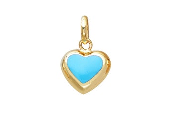 14K Yellow Gold Turquoise Puffed Heart Necklace, Turquoise Puffed Heart Pendant, Minimalist Heart Necklace, Turquoise Necklace, Heart Charm
