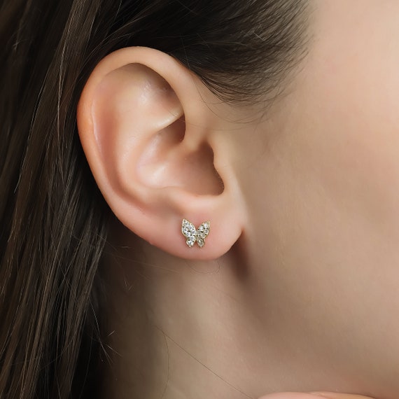 14K Solid Yellow Gold Butterfly Earrings Minimalist Diamond CZ Butterfly Earrings Stud Earrings Push Back Gold Earrings Etsy