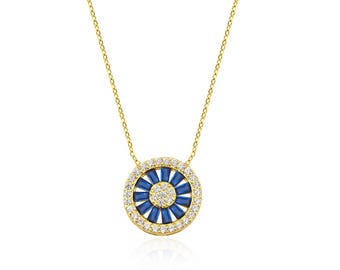 Baguette Sapphire Necklace, 14K Solid Yellow Gold Sapphire Necklace, Diamond CZ Baguette Sapphire Necklace