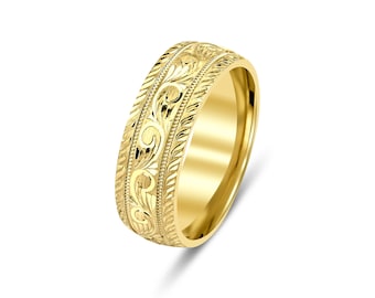 7mm 10K 14K 18K Solid Yellow Gold Hand Engraved Mens Wedding Band, Hand Engraved Mens Wedding Ring, Comfort Fit, Polished