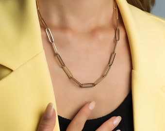 14K Yellow Gold Paperclip Necklace, 6mm x 21.50mm Paper Clip Chain Necklace, Layering Necklace, Link Chain in 14K Gold, Chunky Gold Chain