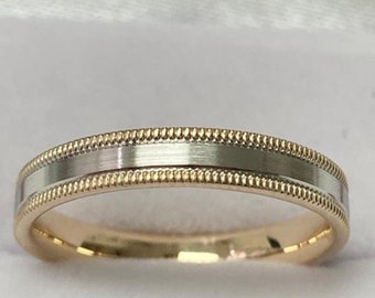 Two Tone Gold Wedding Bands, Satin Finish Milgrain Mens and Womens Wedding Ring, 3mm 10K 14K 18K Solid White and Yellow Gold Wedding Bands