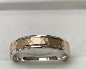 Two Tone Gold Wedding Bands, Hammered Finish Wedding Band for Men and Women , 4mm 10K 14K 18K Solid White and Yellow Gold Wedding Rings