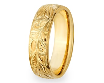 Hand Engraved Mens Wedding Band, Hand Engraved Mens Wedding Ring, 6mm 10K 14K 18K Solid Yellow Gold Wedding Bands ,Comfort Fit