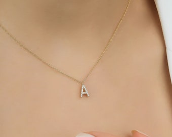 Diamond Initial Necklace,14K Yellow Gold Diamond Letter Necklace, Layering Diamond Necklace, Letter A Necklace in 14K Gold , Womens Necklace