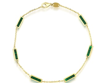 14K Solid Yellow Gold Malachite Bracelet, Malachite Bar Bracelet, Malachite Bar Station Bracelet, Green Malachite
