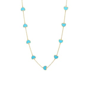14K Yellow Gold Turquoise Heart Necklace, Turquoise Necklace, Station Heart Necklace, Love Necklace, Gold Necklace, Valentines Days Gifts