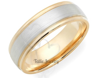 Two Tone Gold Wedding Rings, 7mm,10K,14K,18K Solid White and Yellow Gold Wedding Bands, Two Tone Gold Wedding Bands, Mens Wedding Bands