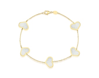 14K Solid Yellow Gold Heart Bracelet, Mother of Pearl Heart Station Bracelet, Heart Charm, Love Bracelet, Gifts for Her