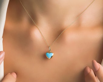 14K Yellow Gold Turquoise Heart Necklace, Turquoise Puffed Heart Necklace, Turquoise Necklace, Puffed Heart Pendant