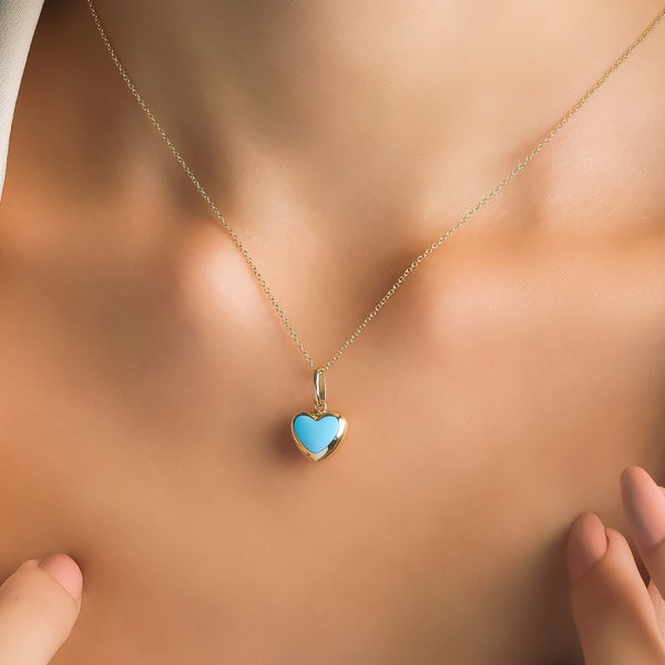 14K Yellow Gold Turquoise Heart Necklace, Turquoise Puffed Heart Necklace, Turquoise Necklace, Puffed Heart Pendant