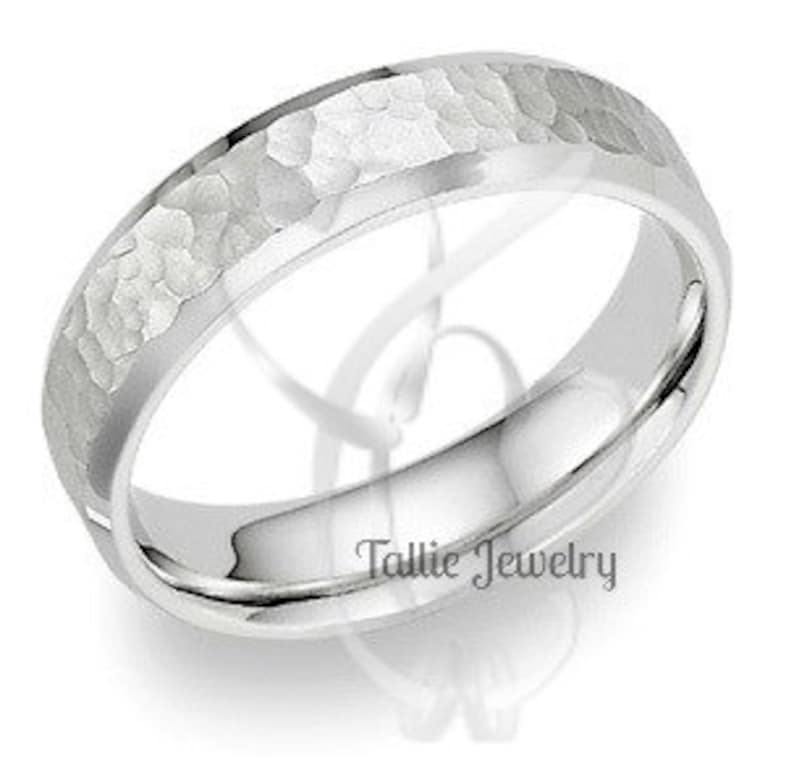 His /& Hers Wedding Rings 10K 14K 18K White Gold Mens Wedding Bands Matching Wedding Bands Beveled Edge Hammered Finish Mens Wedding Rings