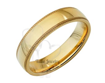 5mm 14K Solid Yellow Gold Wedding Bands, Classic Dome Milgrain Mens Wedding Ring, Plain Mens Wedding Band, Polished, Comfort Fit,