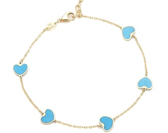 14K Yellow Gold Turquoise Heart Bracelet, Station Heart Bracelet, Minimalist Turquoise Bracelet, Heart Charm, Love Bracelet, Gifts for Her