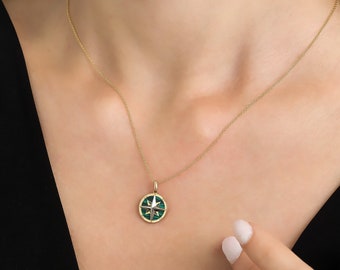 14K Solid Yellow Gold Compass Necklace, Malachite Compass Necklace, Compass Pendant, Travel Necklace, North Star Necklace, Green Malachite