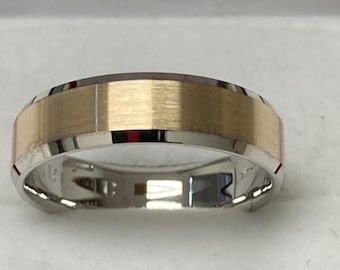 Two Tone Gold Wedding Bands, Satin Finish Beveled Edge Mens Wedding Rings, 6mm 10K 14K 18K White and Yellow Gold Mens Wedding Bands