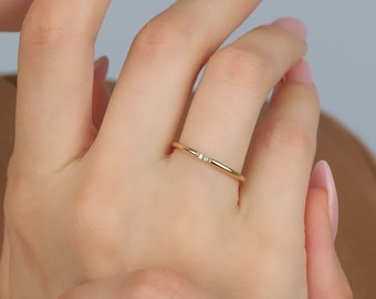 14K Yellow Gold Diamond Wedding Band, Minimalist Diamond Ring,  1.3mm Thin Diamond Wedding Ring, Promise Ring, Diamond Stacking Ring