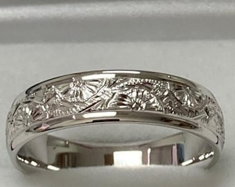 6mm 10K 14K 18K Solid White Gold Hand Wedding Bands, Hand Engraved Mens Wedding Ring, Hand Engraved Mens Wedding Bands, Comfort Fit