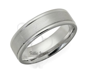 Mens 14K Solid White Gold Wedding Bands, Satin Finish Mens Wedding Ring, 6mm 10K 14K 18K Solid White Gold Mens Wedding Band