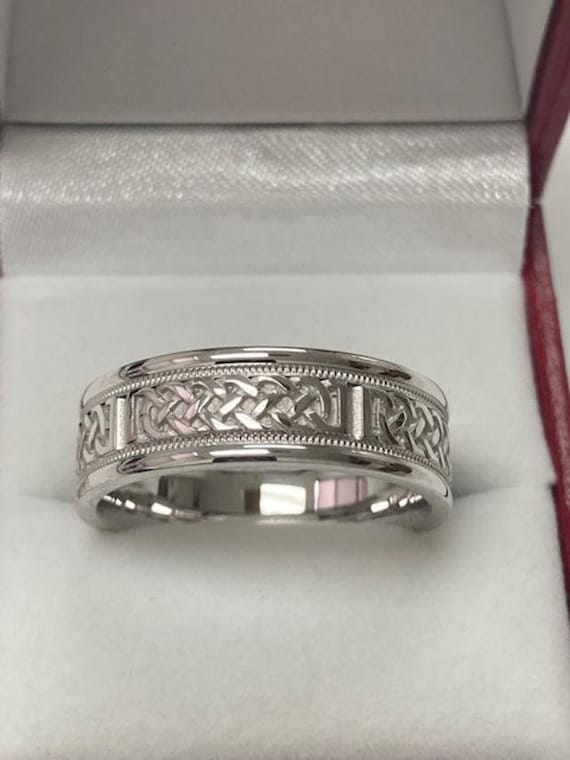 Mens White Gold Wedding Bands Celtic Mens Wedding Ring 7mm 14K