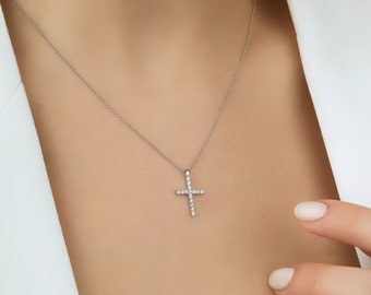 Diamond Cross Necklace, 14K Solid White Gold Diamond Cross Necklace, Layering Diamond Necklace, Small Cross Pendant, Baptism Gift, Communion