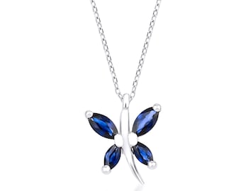 14K Solid White Gold Butterfly Necklace , Marquise Cut Sapphire Butterfly Necklace ,Gemstone Necklace, Sapphire Necklace, Butterfly Necklace