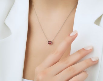Ruby Necklace, 14K White Gold Ruby Solitaire Necklace, 6mm Emerald Cut Ruby Necklace, July Birthstone, Gemstone, Womens Necklace