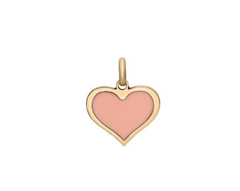 14K Solid Yellow Gold Heart Necklace, Pink Heart Necklace, Minimalist Heart Necklace, Pink Heart Pendant, Heart Charm